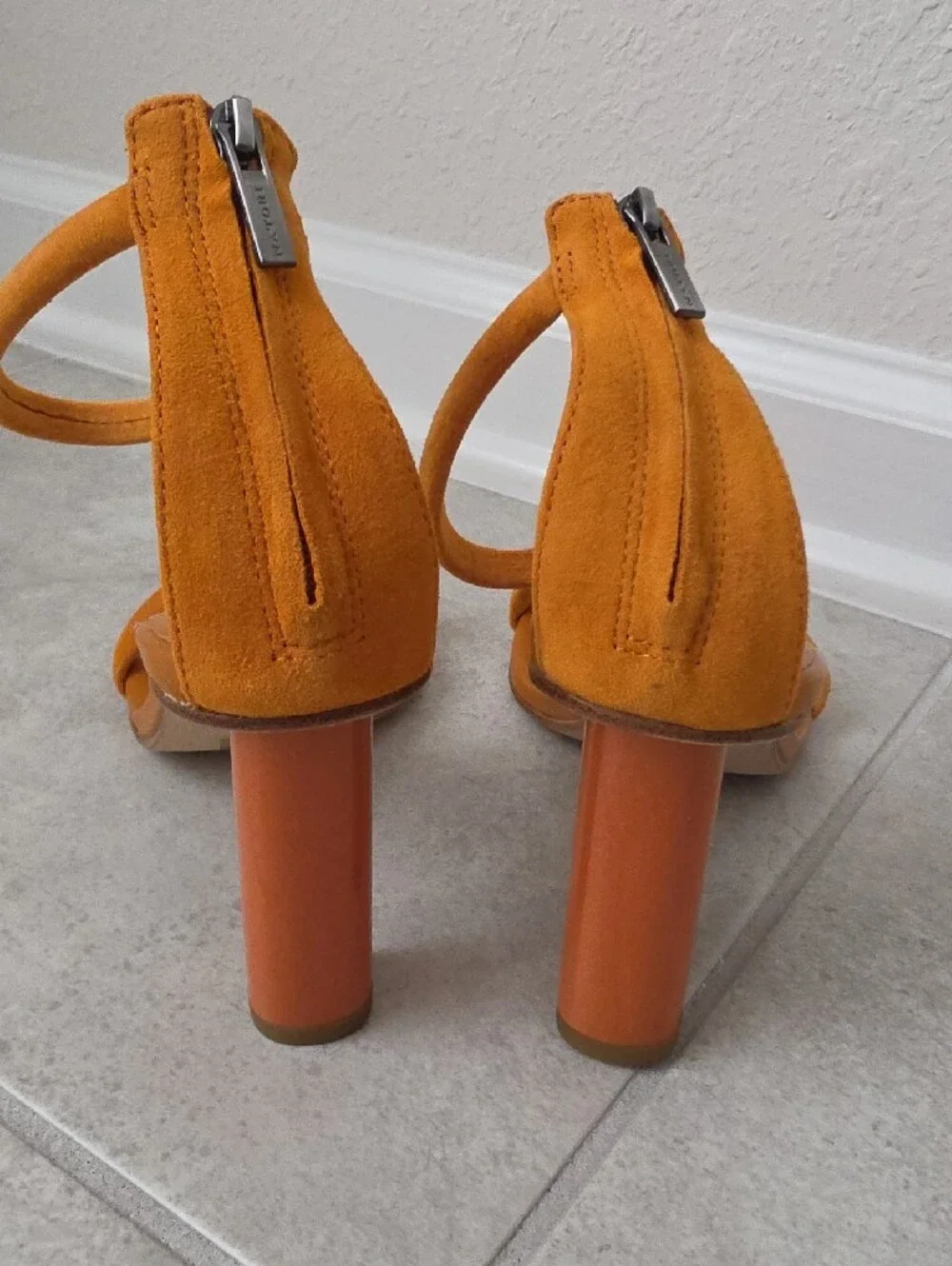 Natori Orange Suede Ankle-Strap Block Heel Sandals